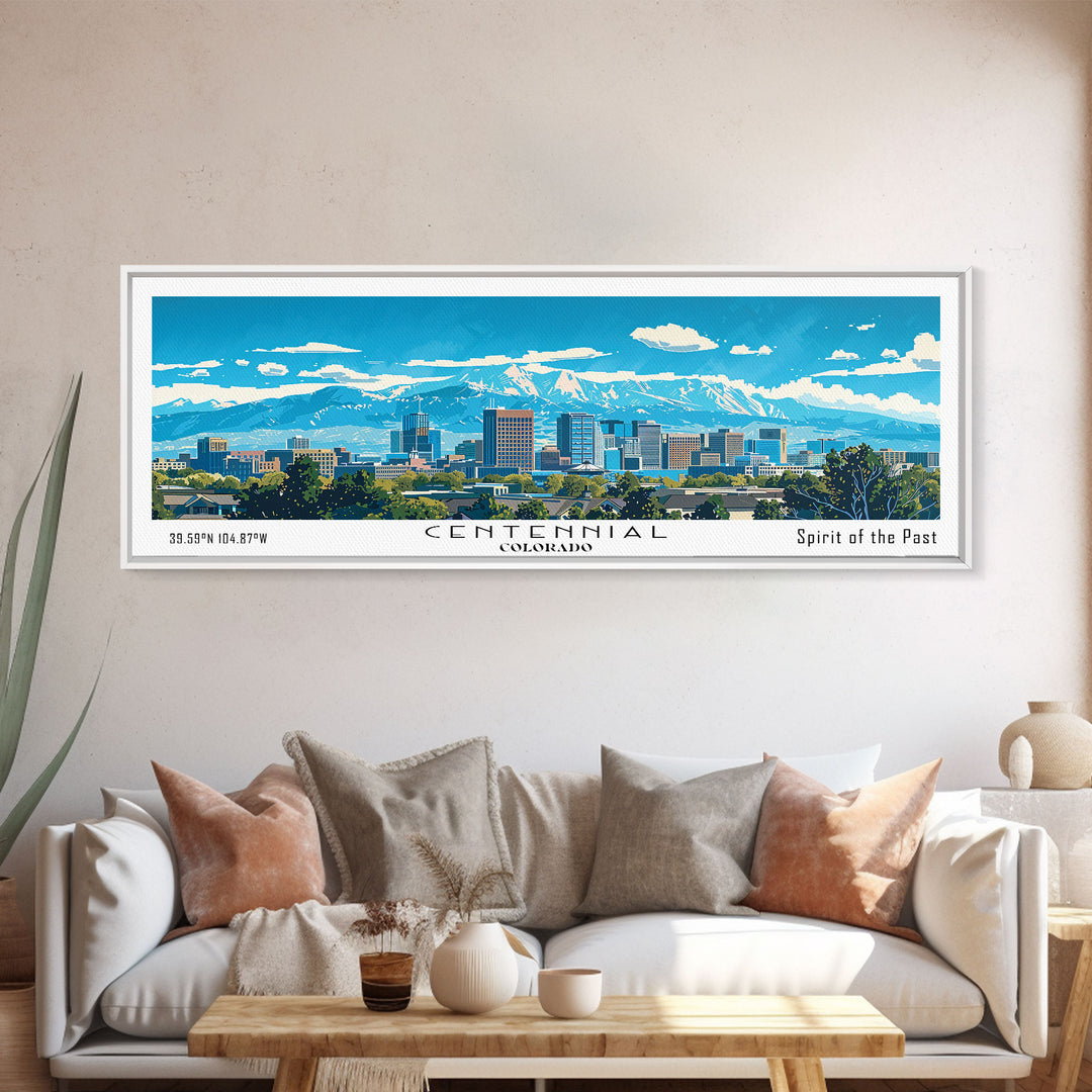 Centennial Colorado Panoramic Painting, Mid Century Modern Framed Canvas Print, Retro Pop Art Travel Poster, Office Wall Art Decor, City Art