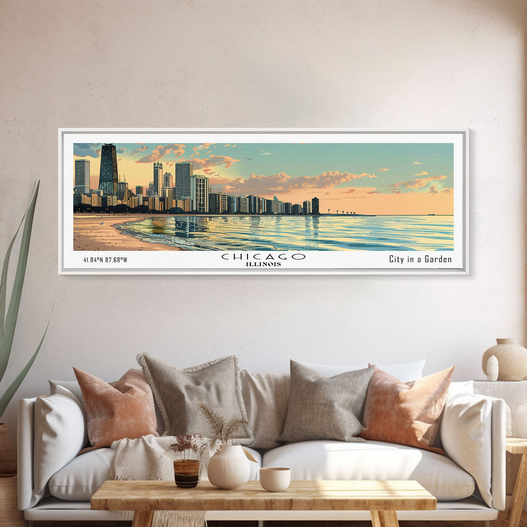 Chicago Florida Panoramic Painting, Mid Century Modern Framed Canvas Print, Retro Pop Art Travel Poster, Living Room Wall Art, City Art