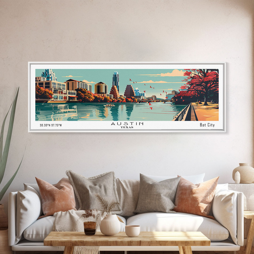 Austin Texas Panoramic Painting, Framed Canvas Print, Mid Century Modern Wall Art, Retro Pop Art Travel Poster, Home Decor, City Art