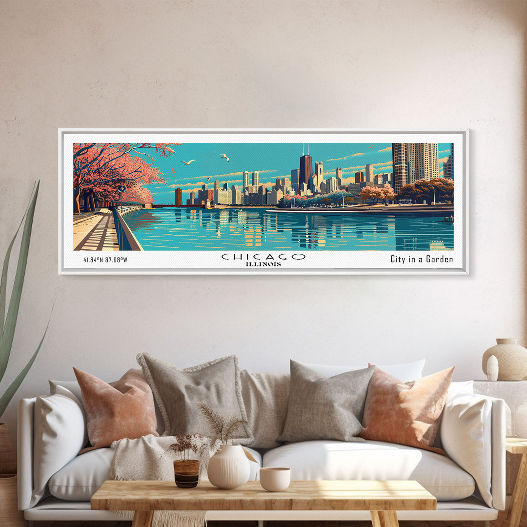 Chicago Illinois Panoramic Painting, Framed Canvas Print, Mid Century Modern Wall Art, Retro Pop Art Travel Poster, Office Decor, City Art