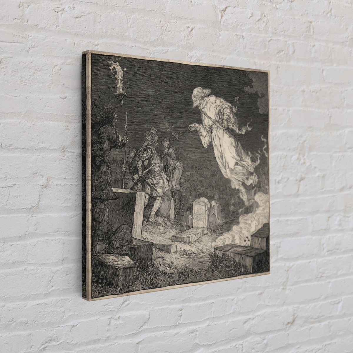 The Graveyard Ghost, Renaissance Engraving Art, Square Wall Art, Gothic Horror Wall Art, Canvas Print, Halloween Wall Art