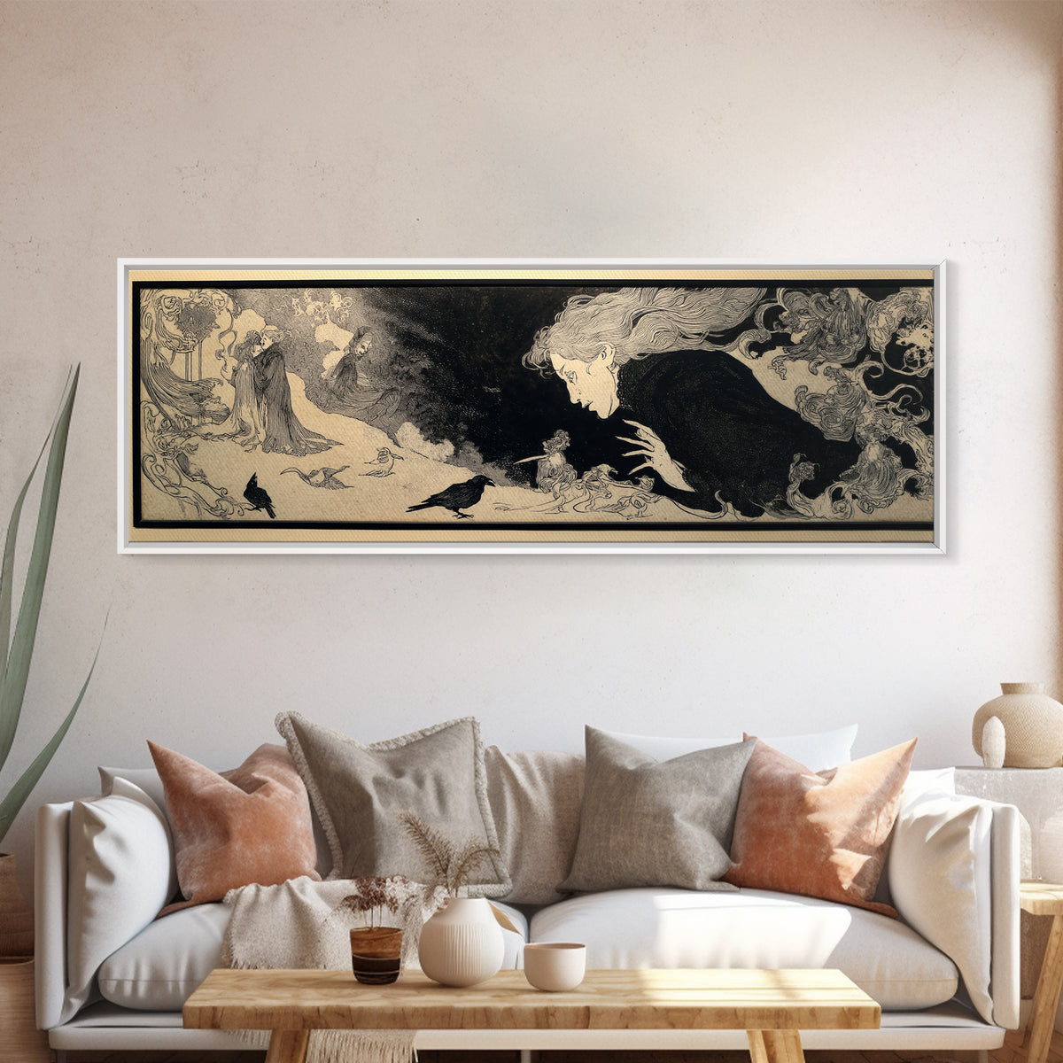 The Mirror Spirit, Decadent Line Art, Extra Wide Wall Art, Gothic Horror Wall Art, Canvas Print, Halloween Wall Art