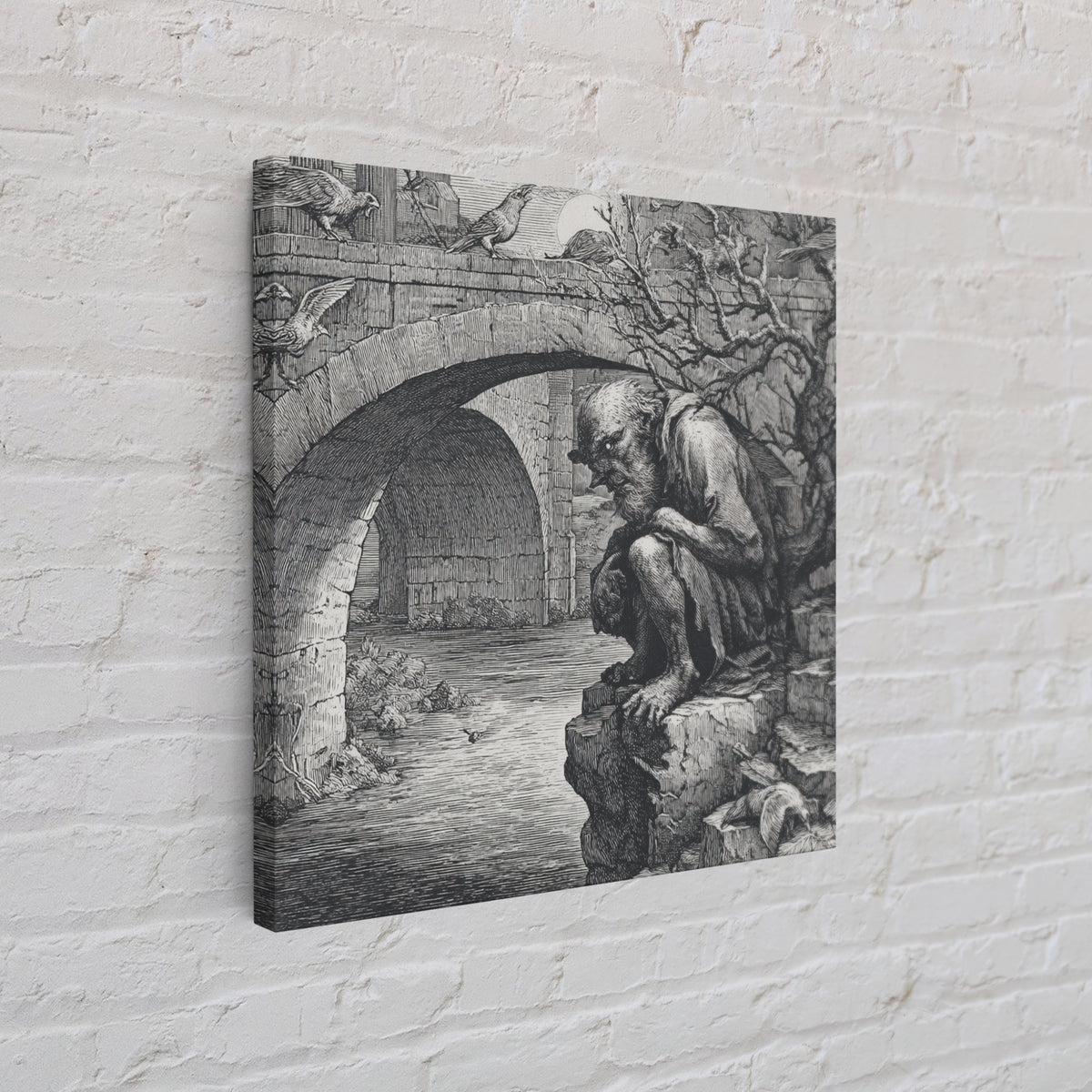 The Bridge Troll At Midnight, Renaissance Engraving Art, Square Wall Art, Gothic Horror Wall Art, Canvas Print, Halloween Wall Art