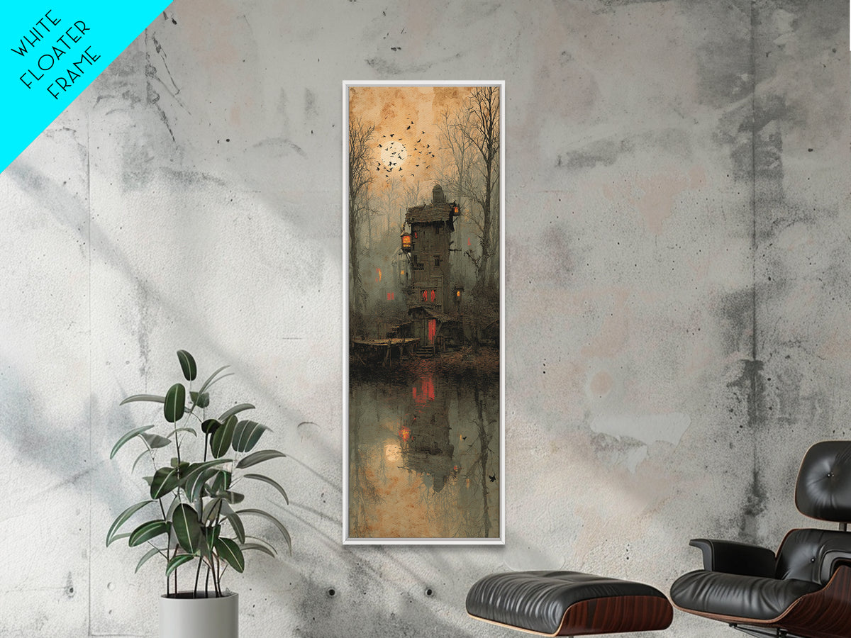 The Foggy Swamp Shack, Surreal Apocalyptic Art, Tall Narrow Wall Art, Gothic Horror Wall Art, Canvas Print, Halloween Wall Art