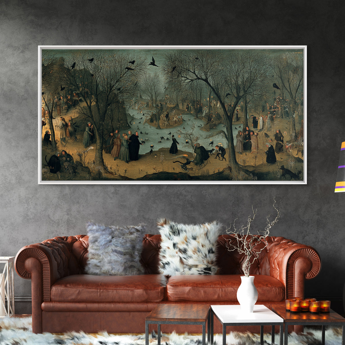 The Black Cat Gathering, Northern Renaissance Horror, Wide Panoramic Art, Gothic Horror Wall Art, Framed Canvas Print