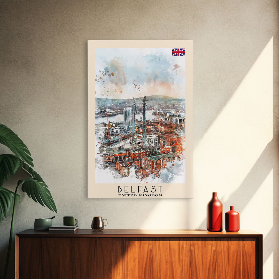 Belfast United Kingdom Travel Poster Framed Canvas Print, Wall Art, Living Room Art, Watercolor Painting, Original Art