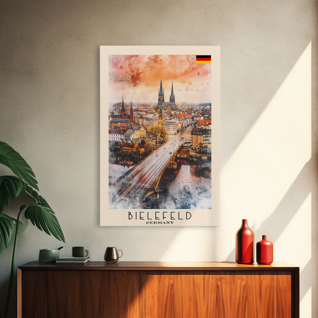 Bielefeld Germany Travel Poster Framed Canvas Print, Watercolor Art, Home Decor, Wall Art, Travel Print, Cityscape Art