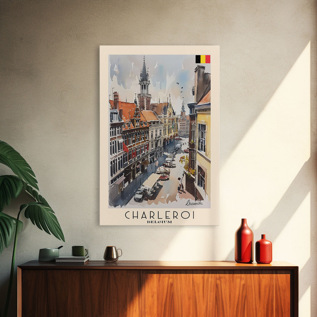 Charleroi Belgium Travel Poster Framed Canvas Print, Wall Art, Home Decor, Travel Print, Vacation Gift, Watercolor Painting, Original Art