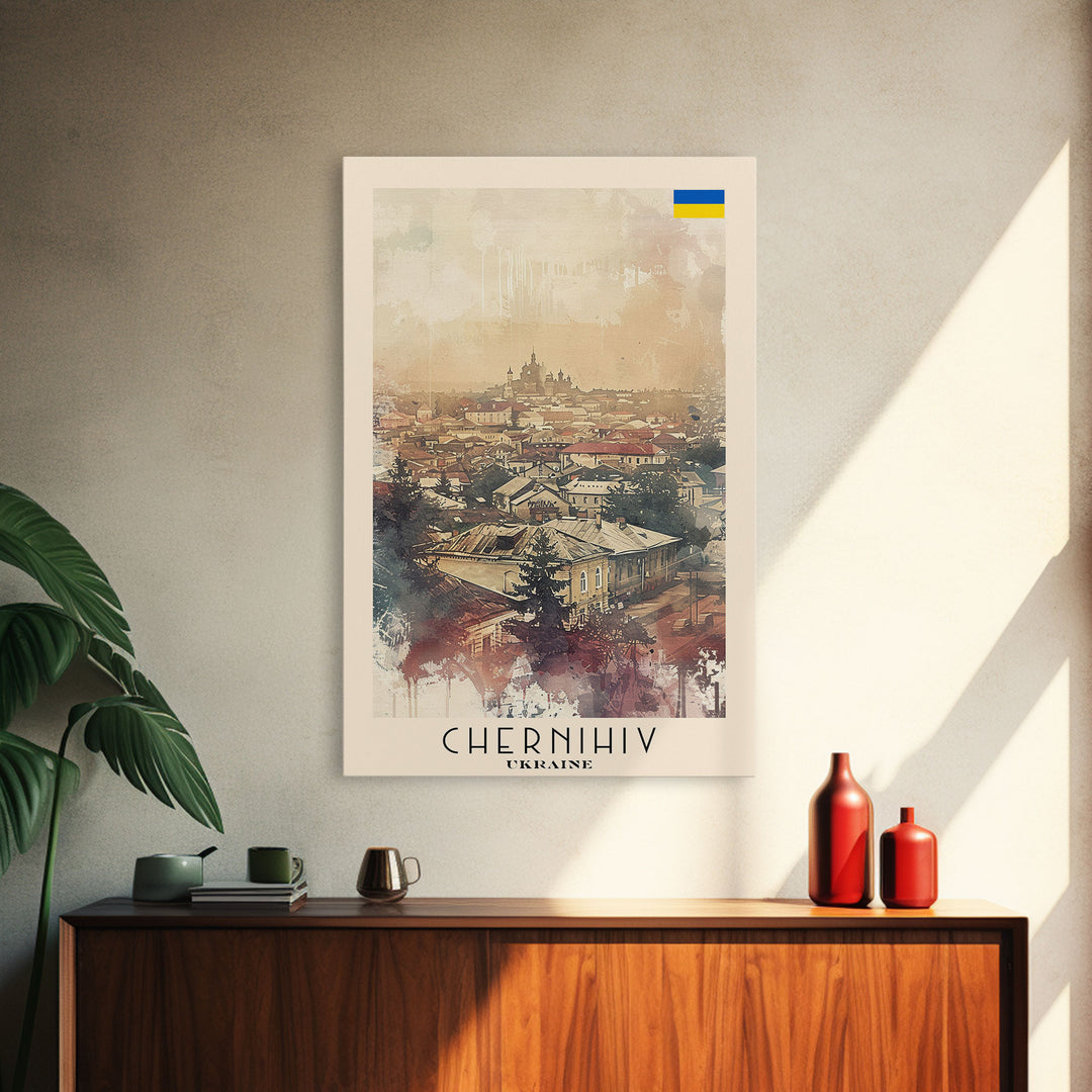 Chernihiv Ukraine Travel Poster Framed Canvas Print, Wall Art, Home Decor, Travel Print, Vintage Watercolor Painting, Original Art