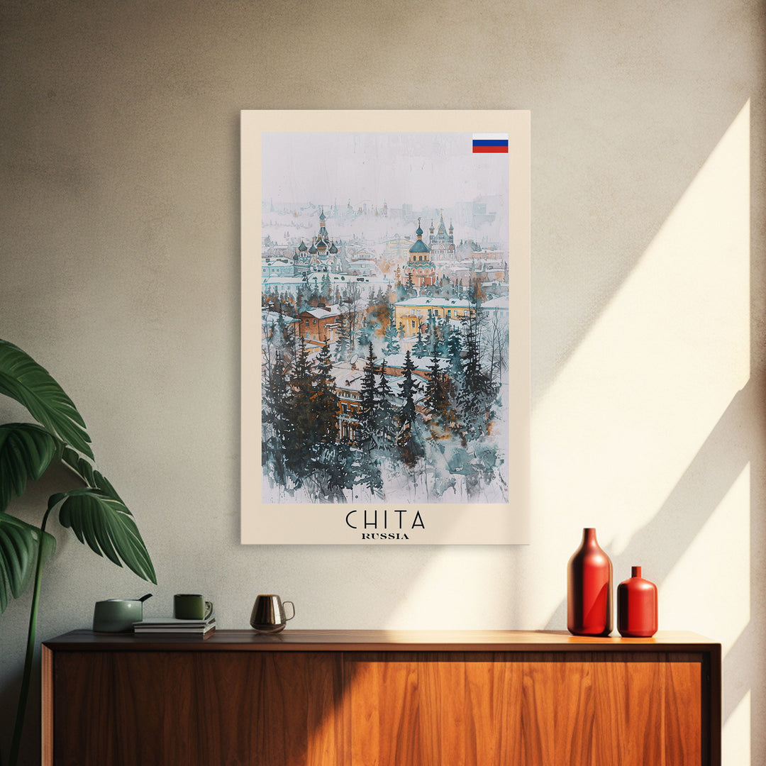 Chita Russia Travel Poster Framed Canvas Print, Wall Art, Home Decor, Travel Print, Abstract Watercolor Painting, Original Art
