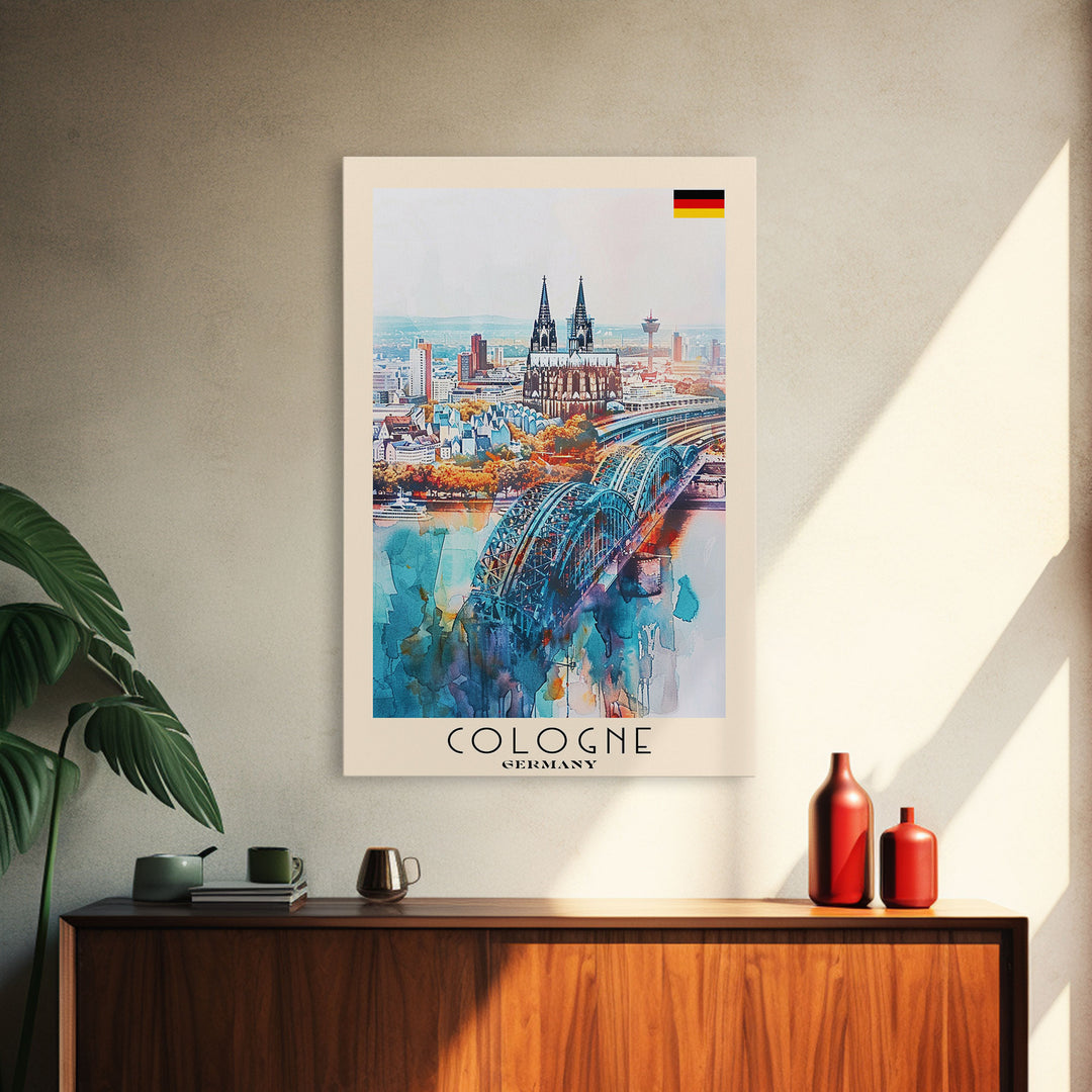 Cologne Germany Watercolor Travel Poster, Wood Framed Canvas Print, Boho Wall Art, Living Room Decor, Original Artwork, Cityscape Home Decor, Travel Print