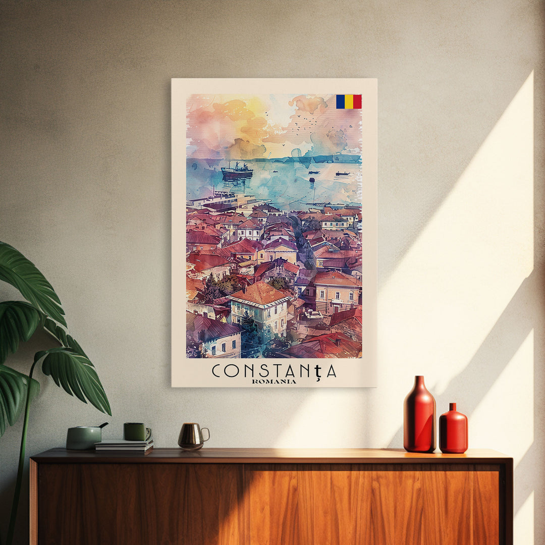 Constanta Romania Framed Canvas Print, Travel Poster Art, Watercolor Painting, Coastal Cityscape Wall Art, Home Decor, Living Room Artwork, Travel Print