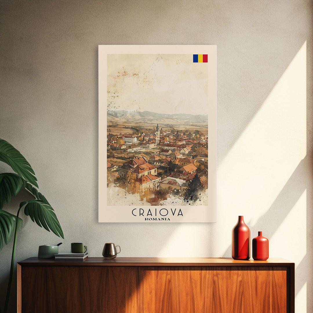 Craiova Romania Watercolor Cityscape, Framed Canvas Print, Travel Poster Art, Home Decor, Living Room Wall Art, Original Painting, Travel Print