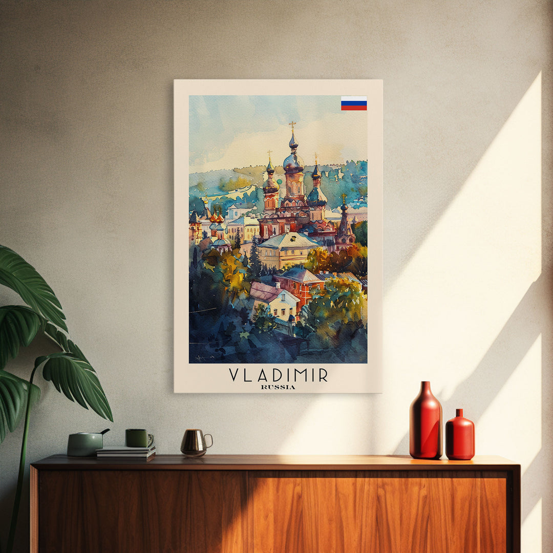 Vladimir Russia Travel Poster Framed Canvas Print, Watercolor Painting, Historic Wall Art, Home Decor, Russian Architecture, Classic Decor