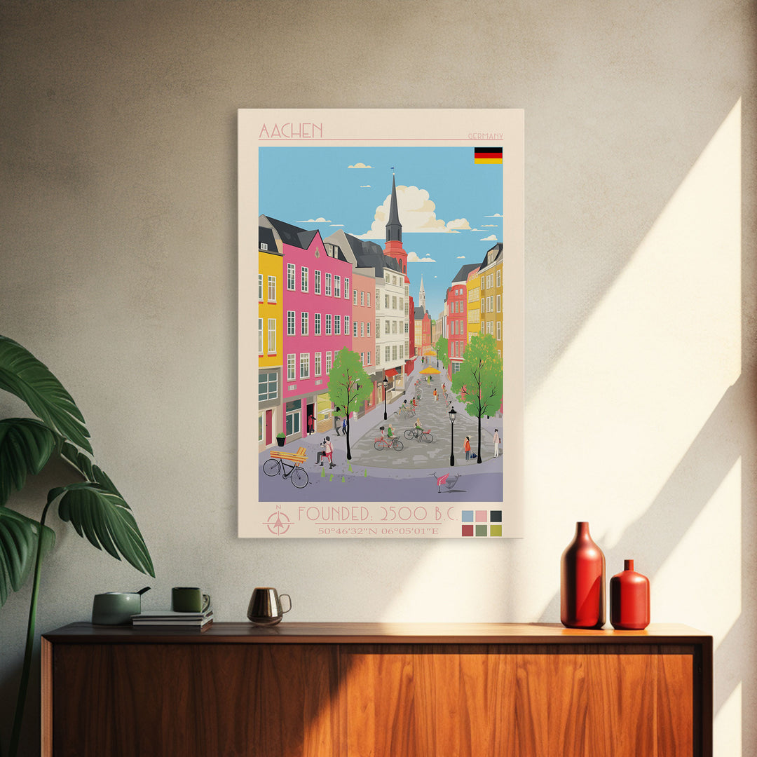 Aachen Germany Travel Poster Framed Canvas Print, Midcentury Modern Wall Art, Pop Art Home Decor, Vacation Gift, Living Room Art, Architectural Print