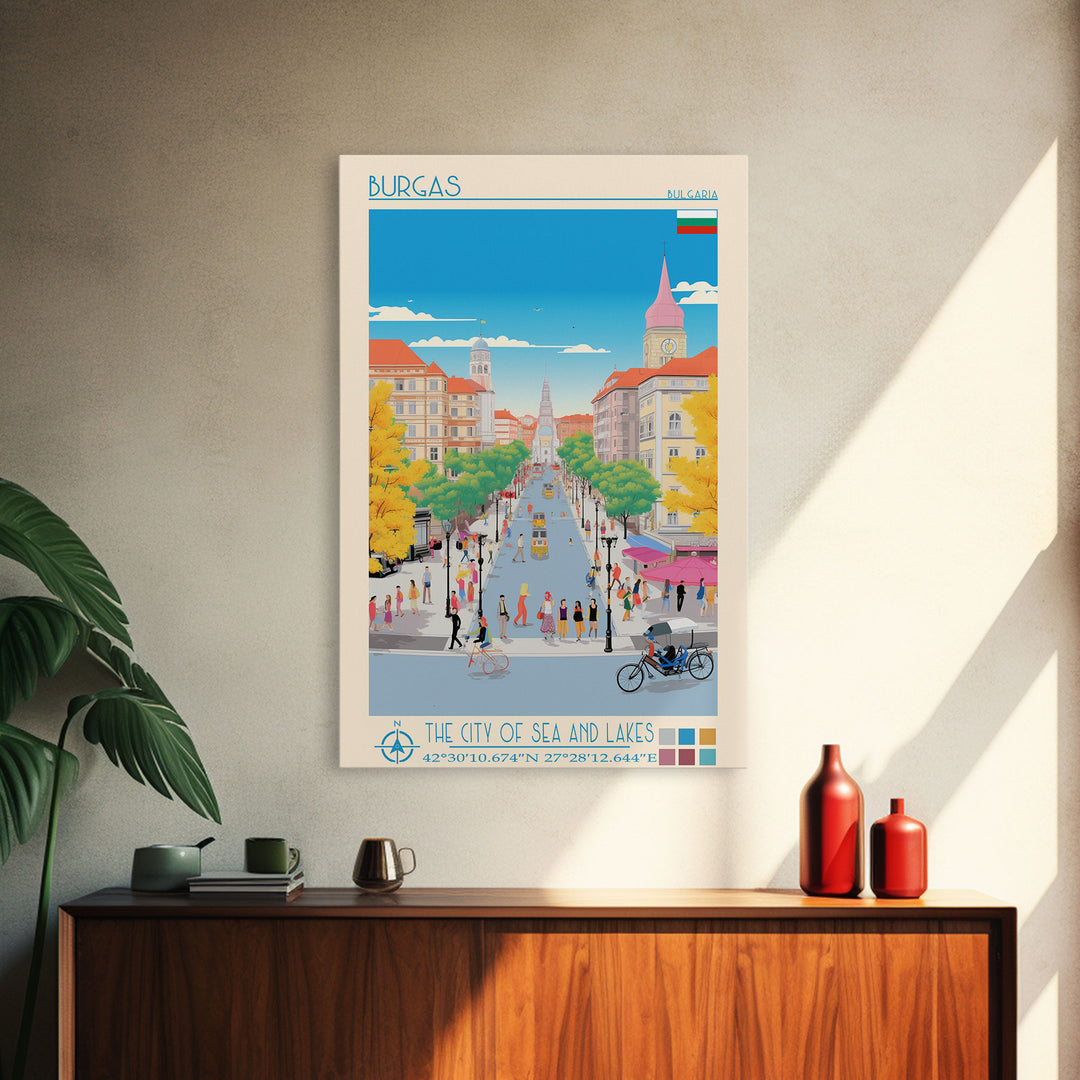 Burgas Bulgaria Travel Poster Framed Canvas Print, Midcentury Modern Art, Pop Art Wall Decor, Home Decor, Vacation Gift, Living Room Art