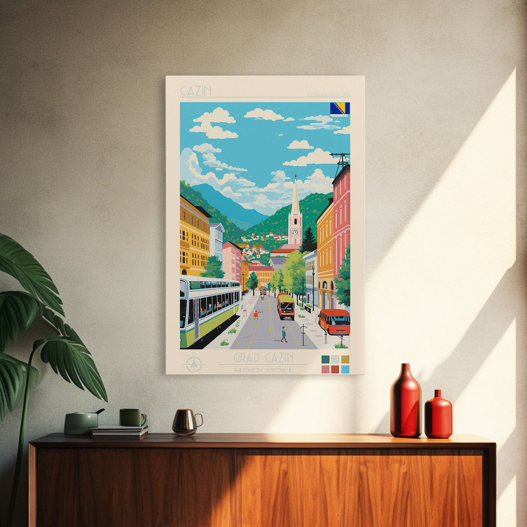 Cazin Bosnia and Herzegovina Travel Poster Framed Canvas Print, Midcentury Modern Art, Pop Art Wall Decor, Home Decor, Living Room Art