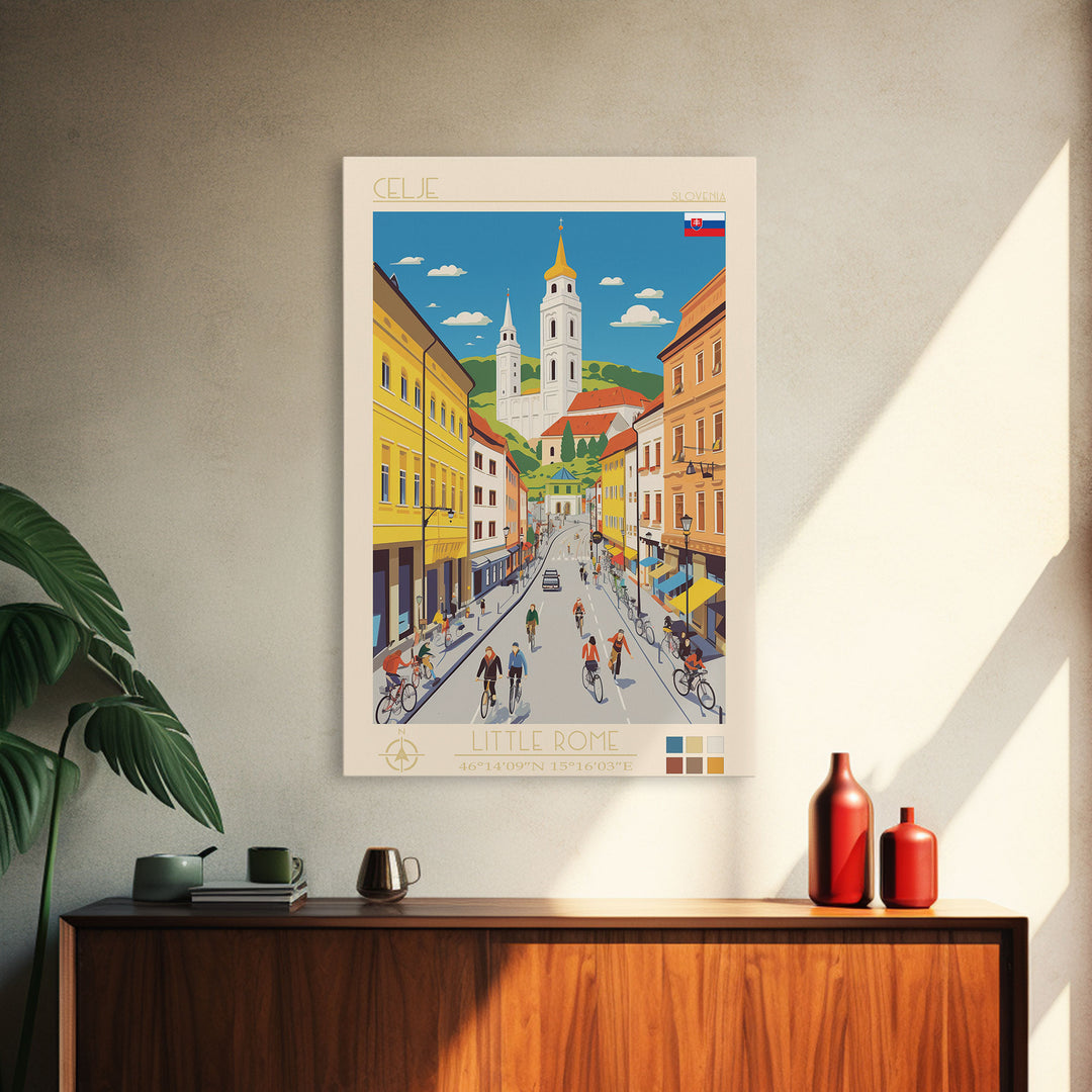 Celje Slovenia Travel Poster Framed Canvas Print, Midcentury Modern Art, Pop Art Wall Decor, Scenic Wall Art, Living Room Art