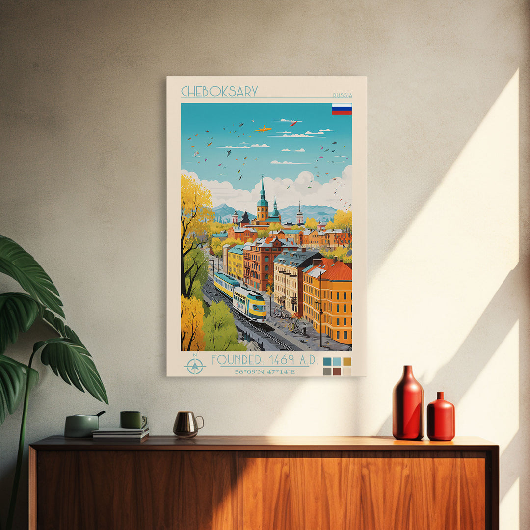 Cheboksary Russia Travel Poster Framed Canvas Print, Vintage Style, Pop Art Home Decor, Scenic Wall Art, Living Room Decoration, Artistic Gift