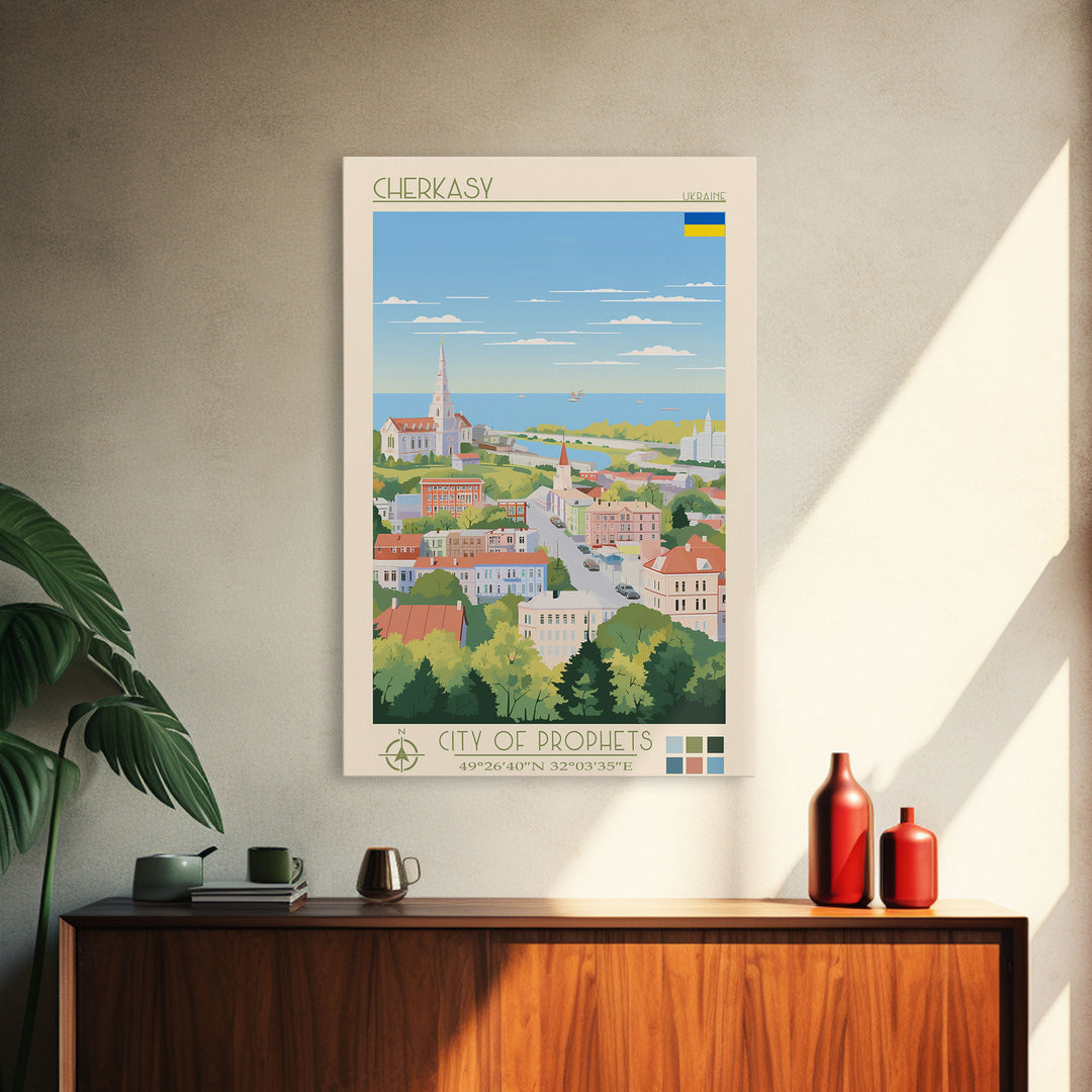 Cherkasy Ukraine Travel Poster Framed Canvas Print, Midcentury Modern Art, Pop Art Wall Decor, Home Decor, Vacation Gift, Living Room Art