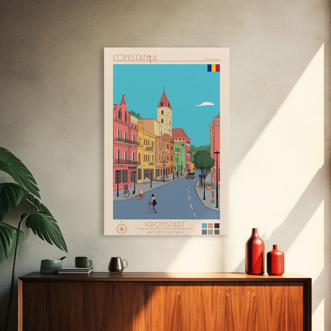 Constanta Romania Travel Poster Framed Canvas Print, Midcentury Modern Art, Pop Art Wall Decor, Home Decor, Vacation Gift, Living Room Art