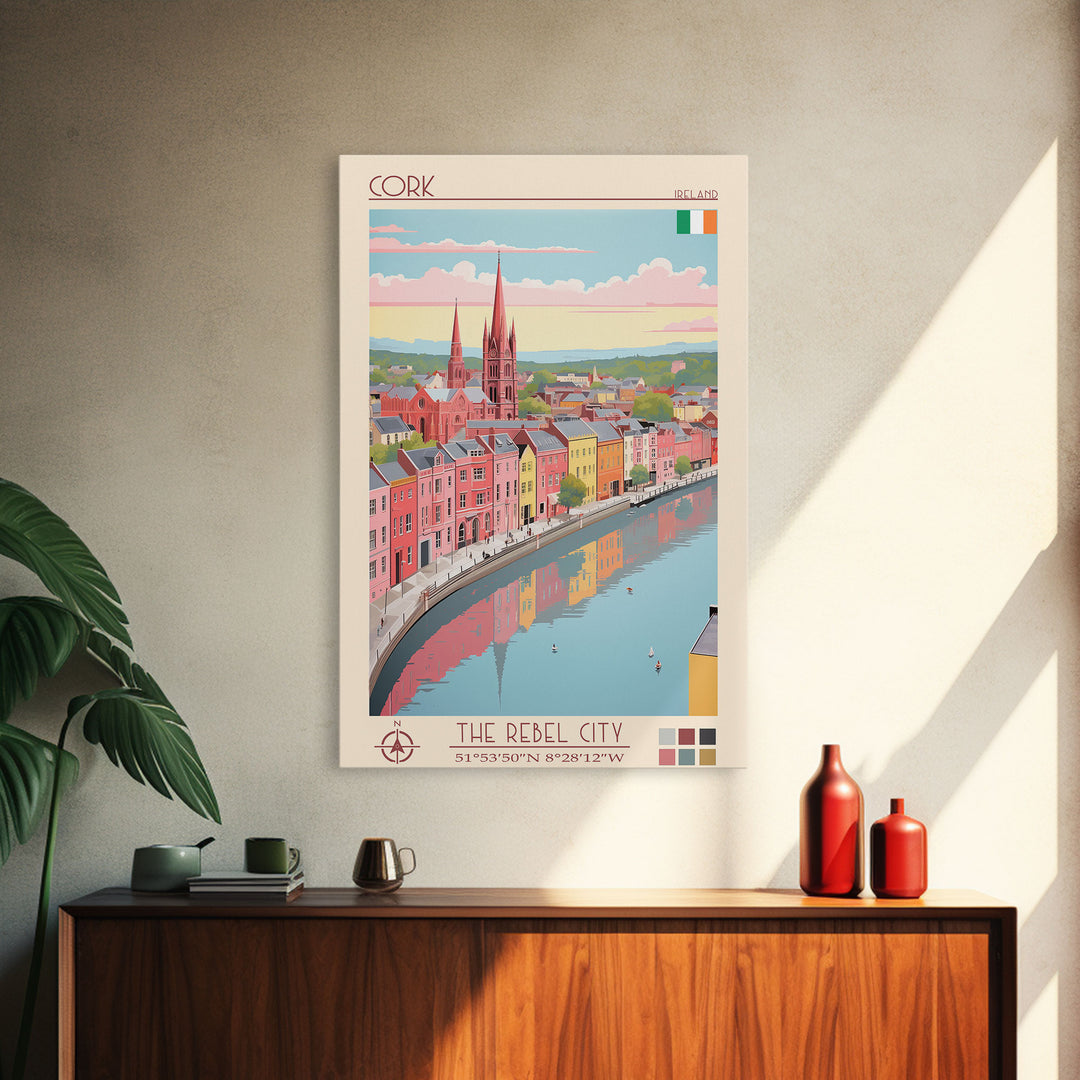 Cork Ireland Travel Poster Framed Canvas Print, Midcentury Modern Art, Pop Art Wall Decor, Home Decor, Vacation Gift, Living Room Art