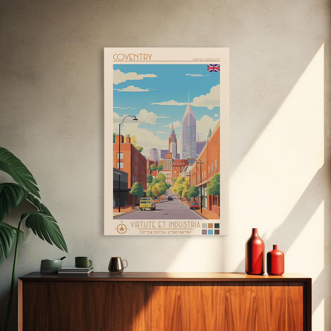 Coventry United Kingdom Travel Poster Framed Canvas Print, Midcentury Modern Art, Pop Art Wall Decor, Home Decor, Vacation Gift, Living Room Art