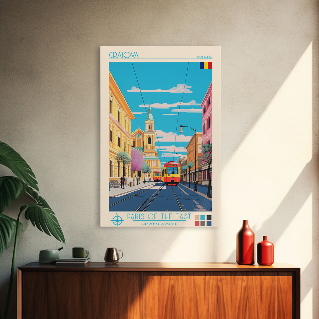 Craiova Romania Travel Poster Framed Canvas Print, Midcentury Modern Art, Pop Art Wall Decor, Home Decor, Vacation Gift, Living Room Art