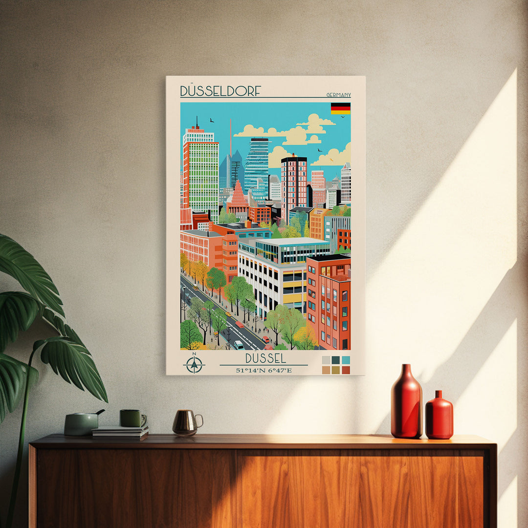 Düsseldorf Germany Travel Poster Framed Canvas Print, Midcentury Modern Art, Pop Art Wall Decor, Home Decor, Vacation Gift, Office Art