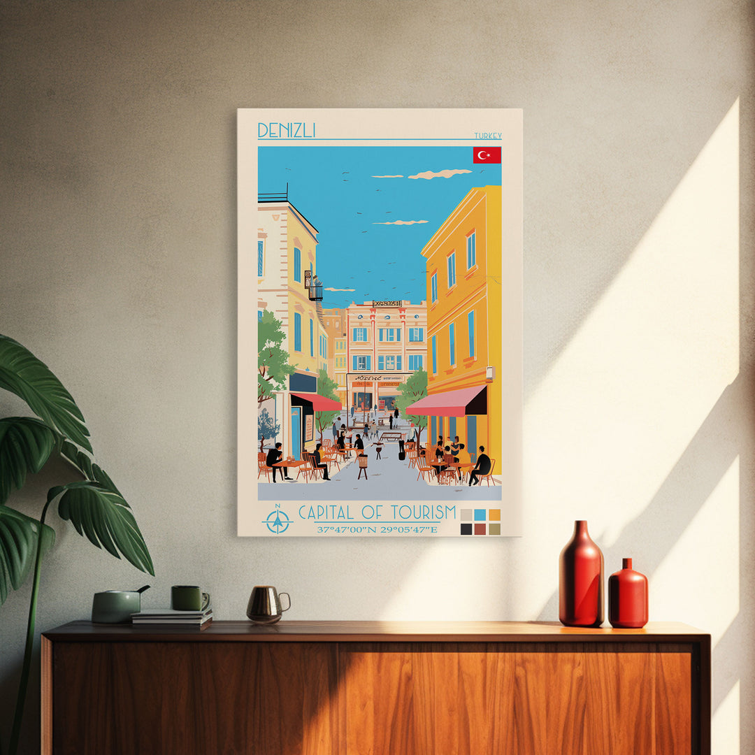 Denizli Turkey Travel Poster Framed Canvas Print, Midcentury Modern Art, Pop Art Wall Decor, Home Decor, Vacation Gift, Living Room Art