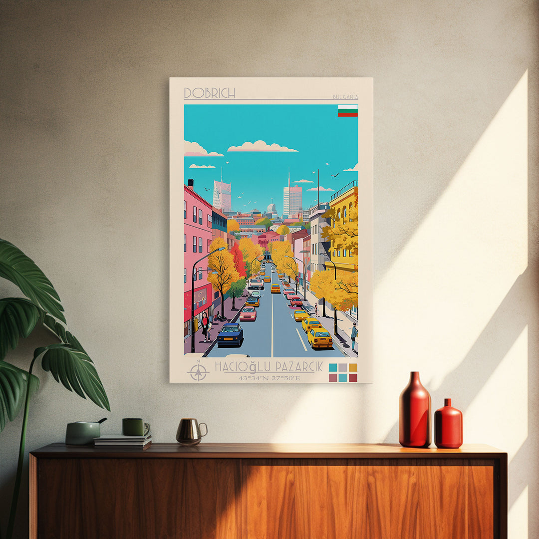 Dobrich Bulgaria Travel Poster Framed Canvas Print, Midcentury Modern Art, Pop Art Wall Decor, Home Decor, Vacation Gift, Living Room Art