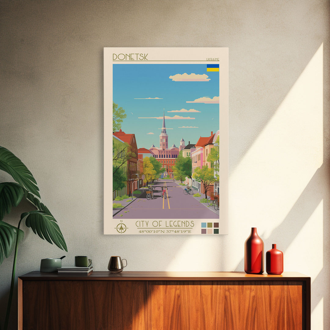 Donetsk Ukraine Travel Poster Framed Canvas Print, Midcentury Modern Art, Pop Art Wall Decor, Home Decor, Vacation Gift, Living Room Art