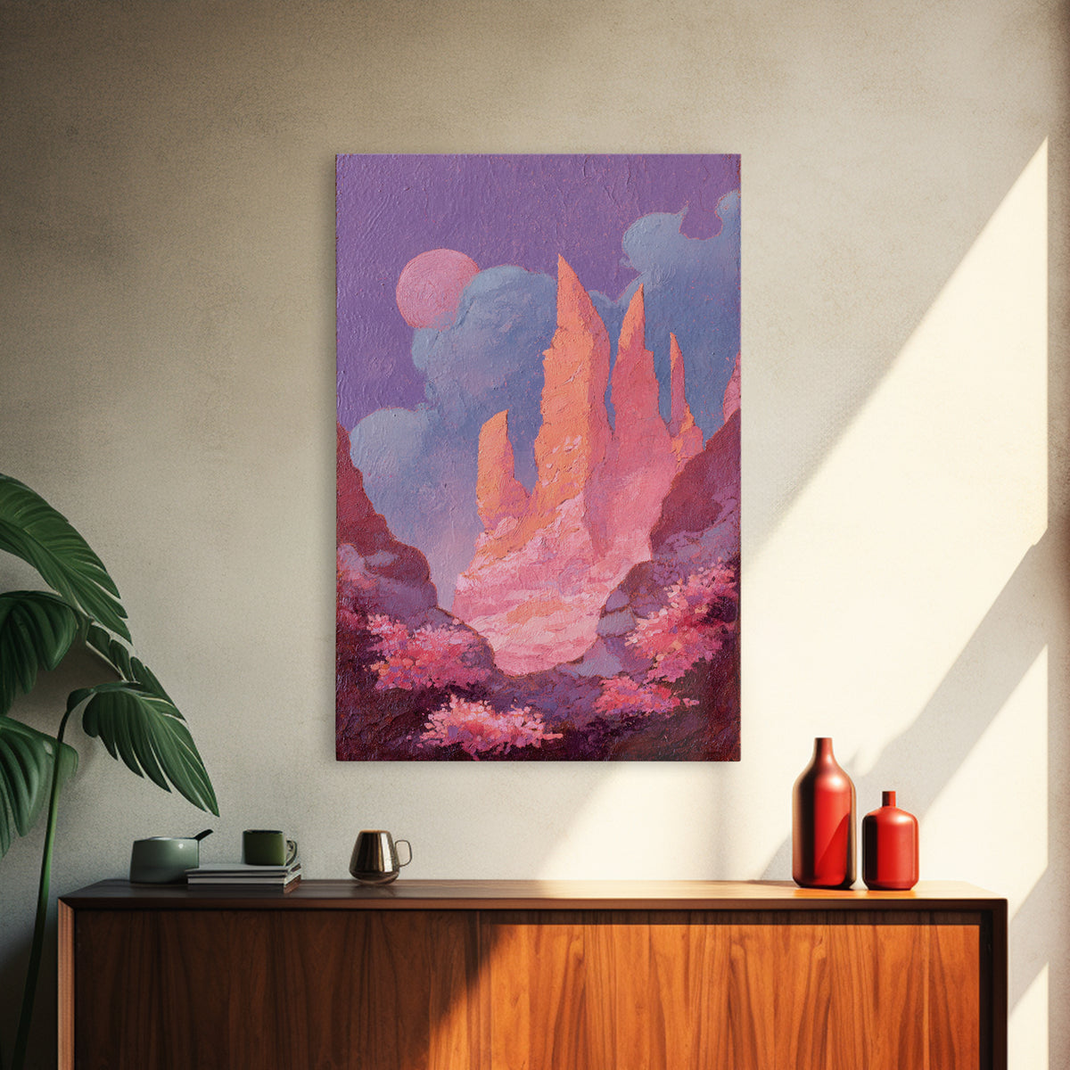 Wizard Tower under a Violet Storm Sky Framed Canvas Print, Fantasy Art, Dragon Art, Living Room Decor, Fine Art, Mythic, FAN-2x3-84