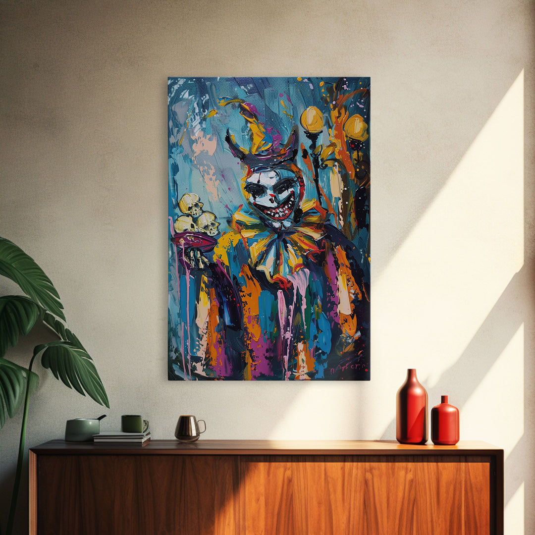 Halloween Grinning Clown with Skulls Framed Canvas Print, Scary Wall Art, Home Decor, Haunted Decor, Gift Idea, Creepy Circus