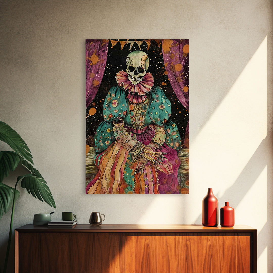 Creepy Skeleton Clown Framed Canvas Print, Cottagecore Halloween Mashup, Spooky Vibes Halloween Decor