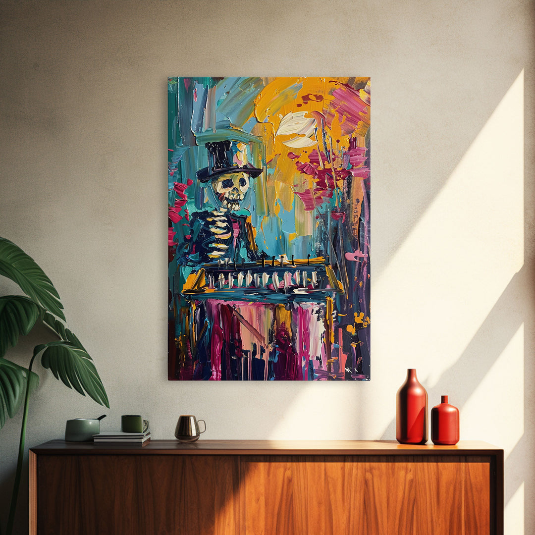 Colorful Skeleton with Top Hat Framed Canvas Print, Halloween Art, Creepy Wall Art, Spooky Home Decor, Scary Art, Vibrant Living Room Decor