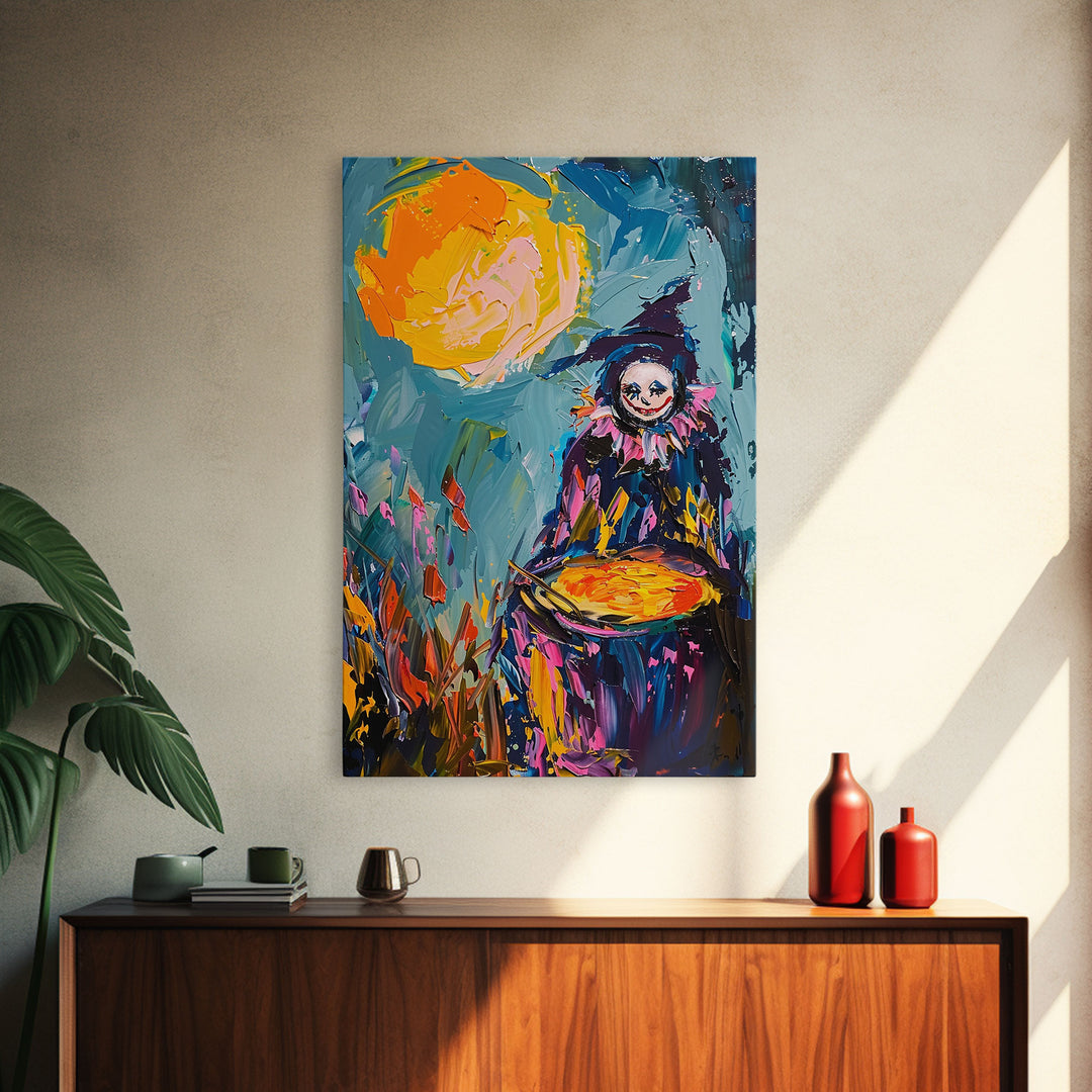 Colorful Witch Mixing Potions Framed Canvas Print | Halloween Witch Art | Vibrant Witch Decor for Home | Whimsical Halloween Artwork
