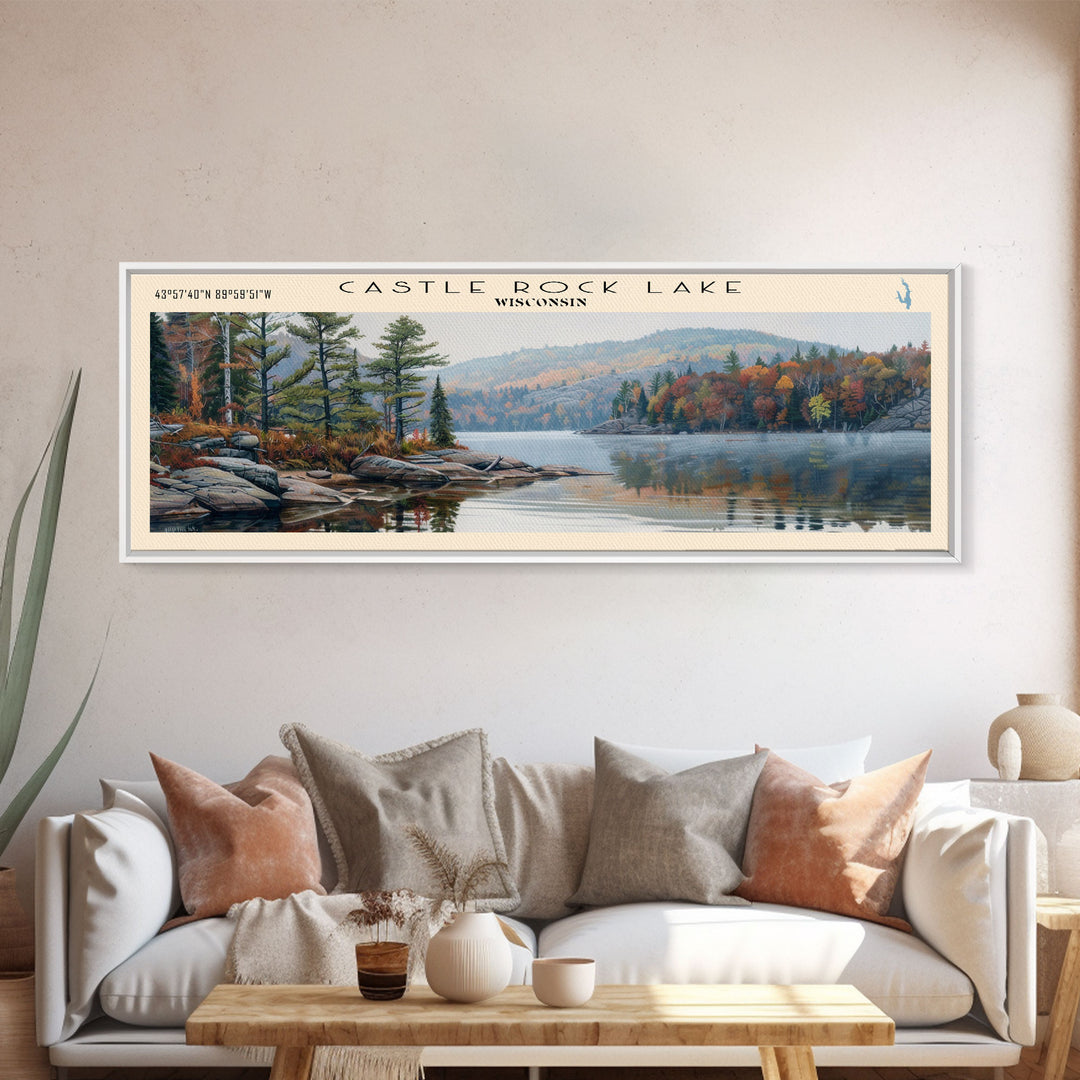 Castle Rock Lake Wisconsin Framed Canvas Print, Lake House Art, Panoramic Wall Art, Travel Poster, Modern Lake Painting, Home Decor