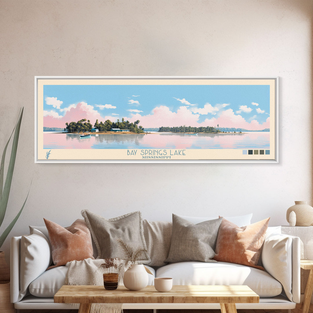 Bay Springs Lake Mississippi Framed Canvas Print, Panoramic Wall Art, Midcentury Modern, Pop Art, Travel Poster, Scenic Living Room Decor, Bedroom Art