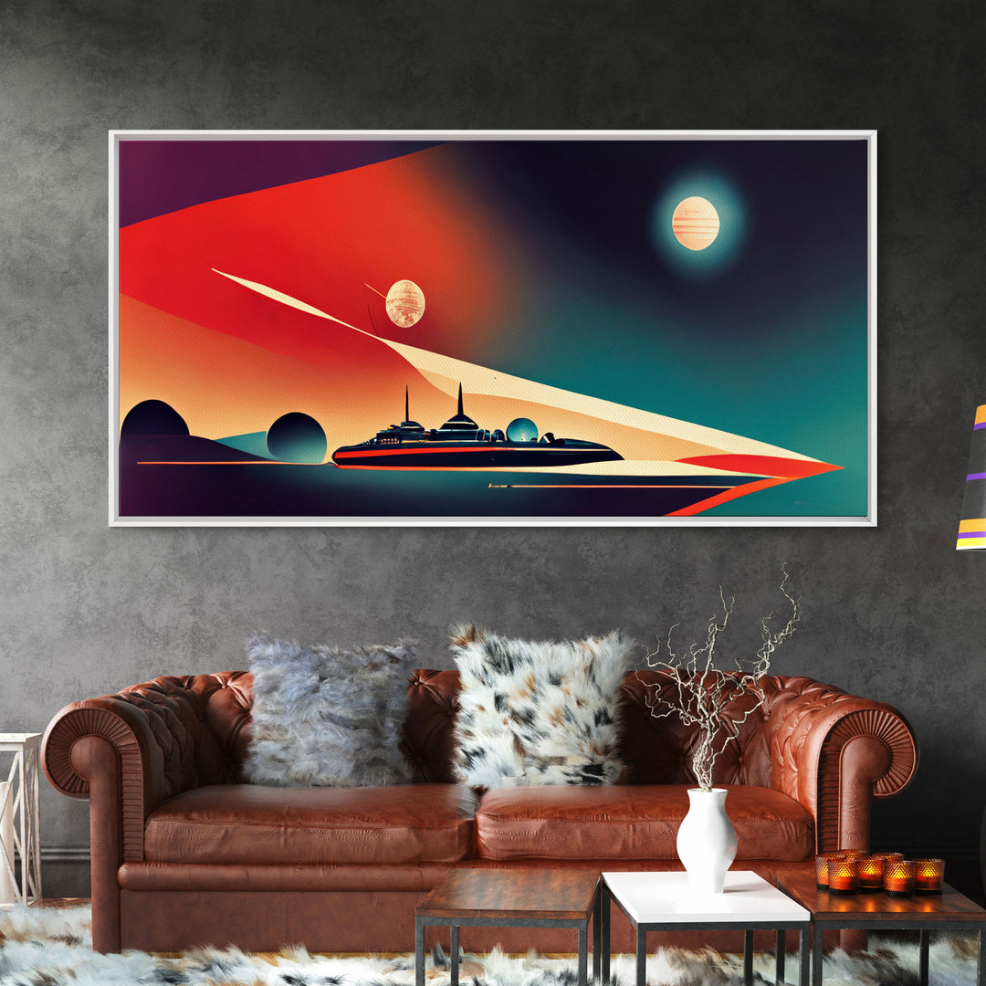 Art deco space cruiser canvas print, explore the stars, vintage style space exploration art, orange and blue outrun style wall art