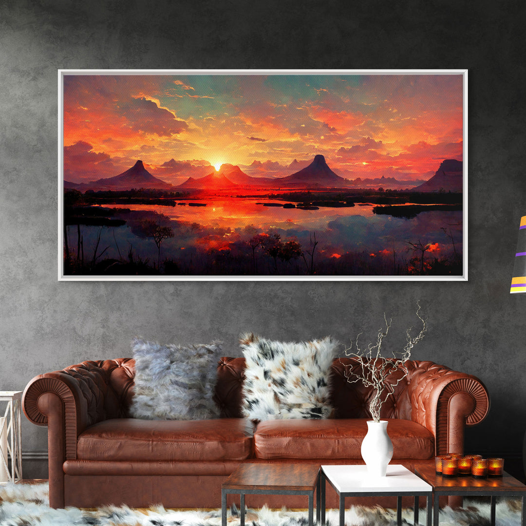 Mountain and Lake Sunset Wall Art Oil Painting On Canvas, Canvas Print, Ready to hang gallery wrapped nature framed canvas print, lake life