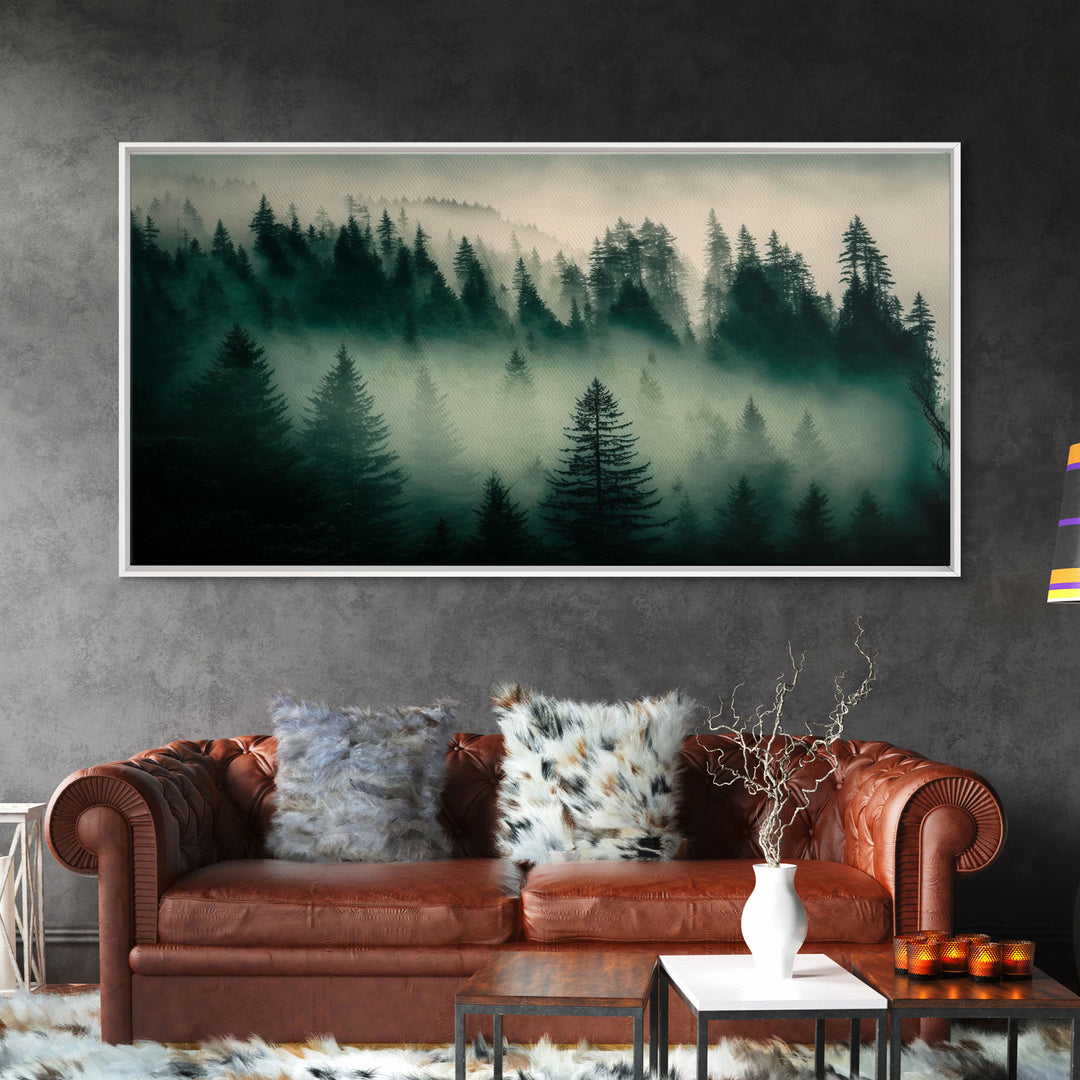 Framed Canvas Print, Pine Tree Forest, Misty Forest Landscape, Fog Covered Mountain, Nature Landscape Decor