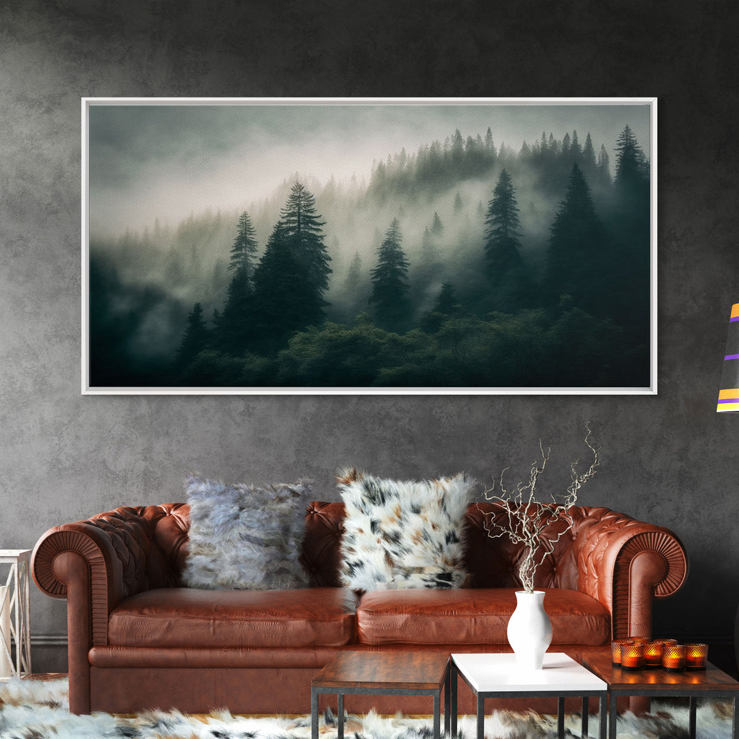 Morning fog over a mountain forest, framed canvas print, foggy pine tree landscape, framed wall art, misty mountain landscape art