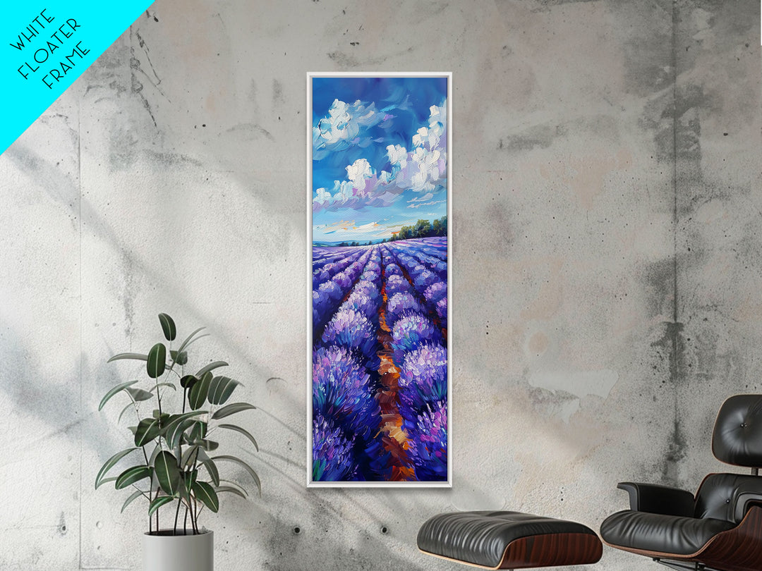 Expansive Lavender Fields Under a Bright Sky, Skinny and Tall Art, Bold Framed Canvas Print, Landscape Wall Art