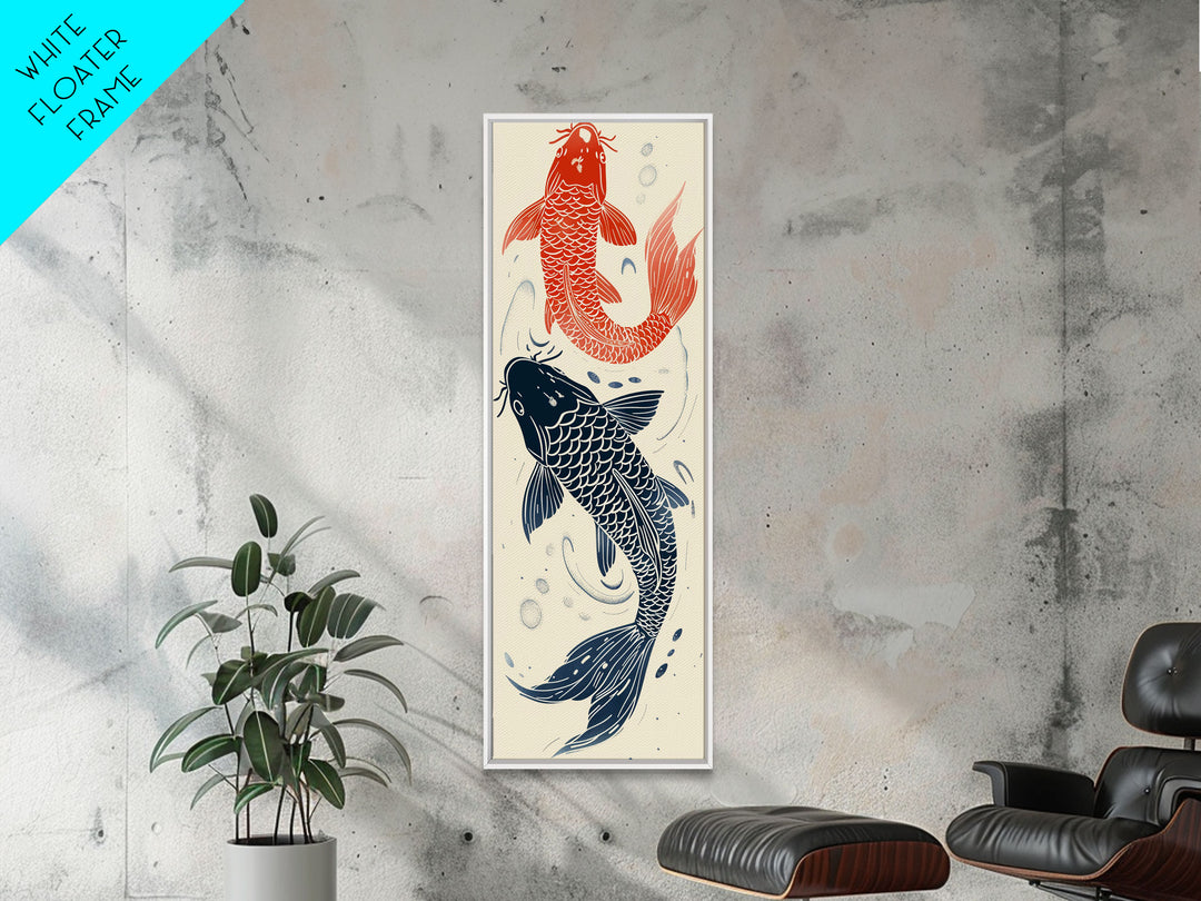 Elegant Koi Fish in Minimalist Japanese Art Style, Tall and Skinny Framed Canvas Print for Ukiyo-e Art Lovers