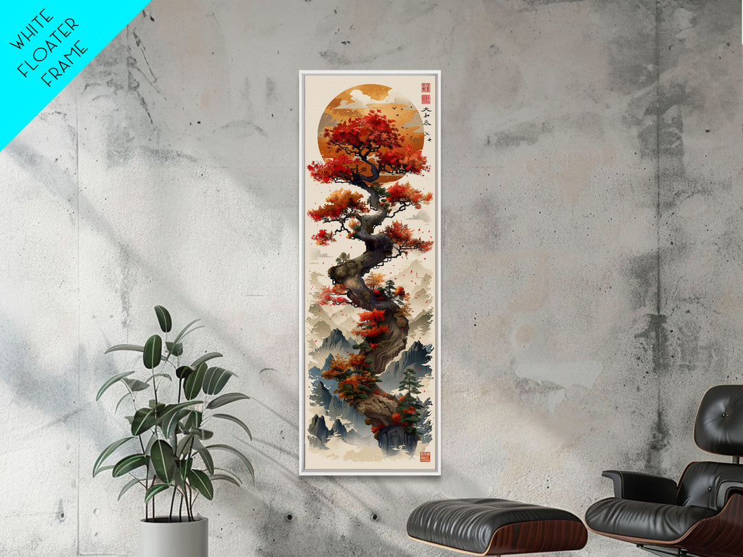 Majestic Bonsai Tree Under the Golden Sun Skinny Art Ukiyo-e Tall Framed Canvas Print with Mountain Landscape