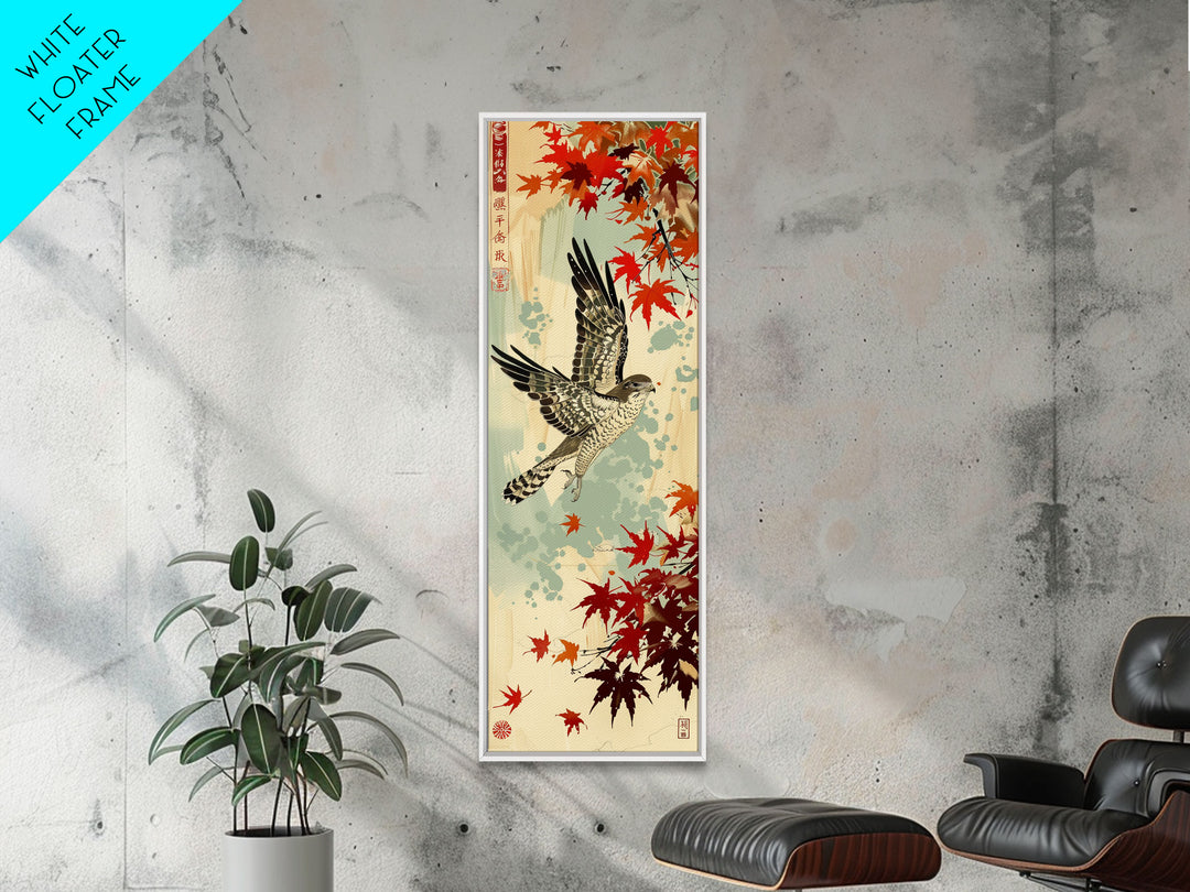 Hawk In Flight Among Red Maple Leaves Tall Art Skinny Art Framed Canvas Print Japanese Style Art Ukiyo-e Wood Block Print