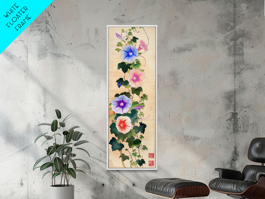 Morning Glories On Wooden Background Ukiyo-e Wall Art Framed Canvas Print Japanese Style Skinny Art Wood Block Print Tall Art