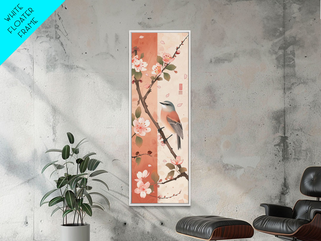 Japanese Bird Art Skinny Wall Art Framed Canvas Print Perched Bird on Branch with Cherry Blossoms and Petals in Soft Pastel Colors