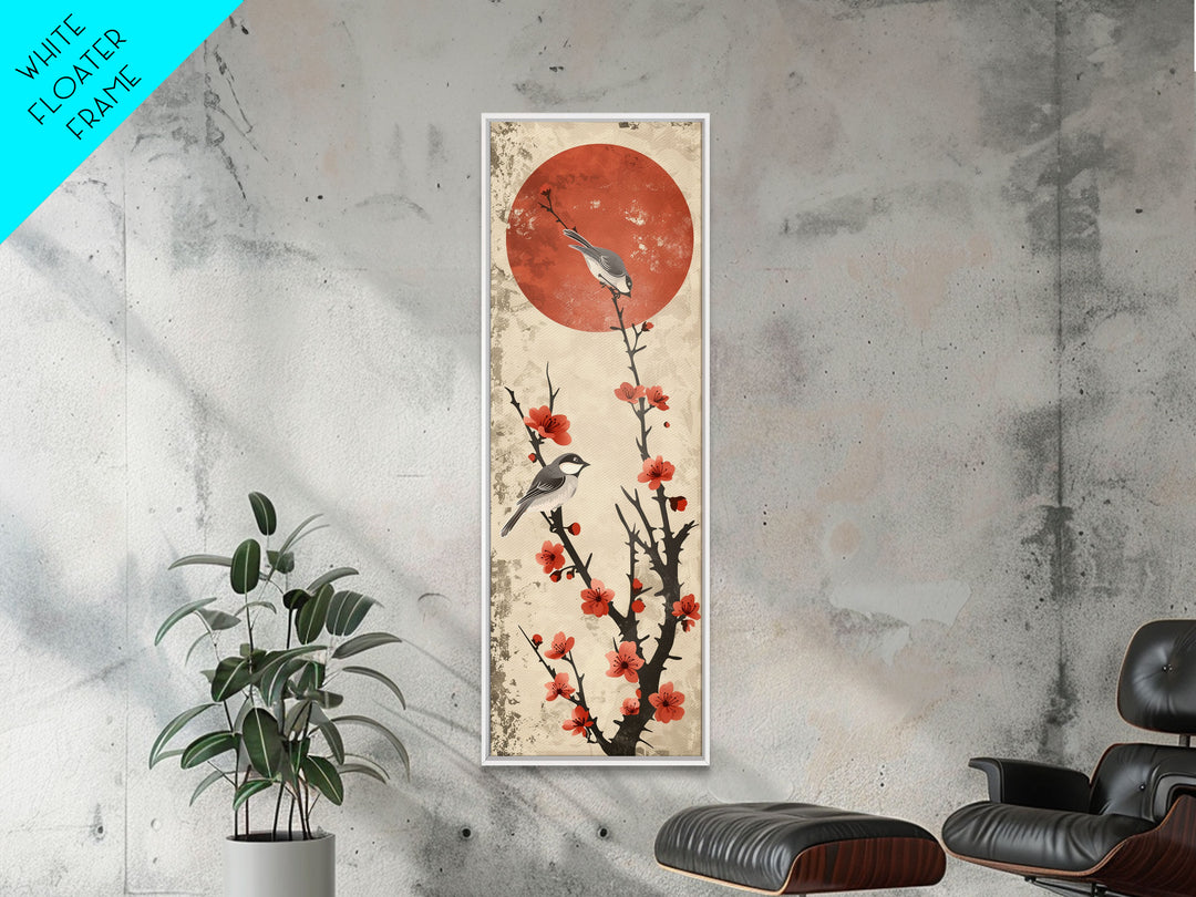 Delicate Birds Perched On Blooming Branch With Red Sun For Traditional Japanese Wall Art Decor Ukiyo-e Style Framed Canvas Print